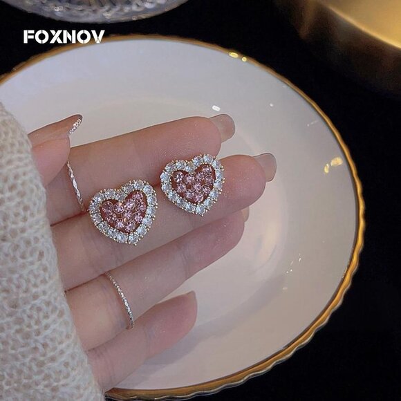 Women's Pink Clear Crystal Cute Heart Stud Gold Plated Lightweight Earrings - Picture 2 of 5